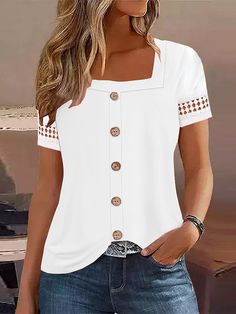 Product Title :Square Neck Casual Lace Plain Shirt Product Measurements cm Size US Waist Bust Hip S 6-8 70-74 88-92 96-100 M 10 75-78 93-96 101-104 L 12 79-84 97-102 105-110 XL 14 85-90 103-108 111-116 XXL 16 91-96 109-114 117-122 Product Details Decoration/Process:Buckle,Lace Clothes Length:Regular Sleeve Length:Short sleeve Edition type:Loose Elasticity:Micro-Elasticity Silhouette:H-Line Thickness:Regular Size Type:Regular Size Neckline:Square neck Activity:Daily Material:Jersey Pattern:Plain White T-shirt With Button Closure For Spring, White Crew Neck Shirt With Buttons, White Short Sleeve Tops With Buttons, White Short Sleeve T-shirt With Buttons, White Crew Neck Top With Buttons, White Fitted T-shirt With Button Closure, White Crew Neck T-shirt With Buttons, Lace Clothes, Special Clothes