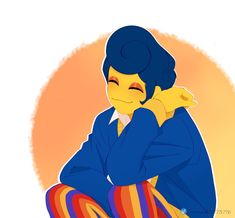 a drawing of a person sitting on the ground with their hands behind their backs, wearing colorful striped pants and a blue jacket