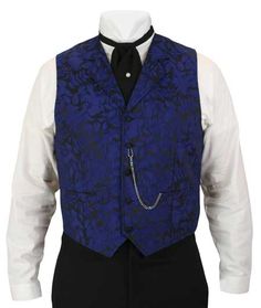 Featuring a layered blue floral pattern woven on to a black background, our waistcoat is detailed with a pointed front hem, two workable pockets, and 5 self-covered buttons fastening up the front. Black acetate back is adjustable. Front made from 100% polyester, back and lining from 100% acetate. Imported. Dry clean only. Available in sizes S - 4X and Tall sizes LT - 3XT. Blue Floral Pattern, High Society, Walking Stick, Covered Buttons