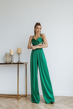 Engagement Jumpsuit, Green Satin Jumpsuit, Jumpsuit Engagement, Silk Satin Outfit, Prom Jumpsuit, Satin Outfit, Jumpsuit For Wedding Guest, Emerald Dresses, Long Sleeve Evening Gowns