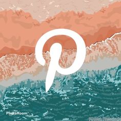 an image of the letter p in front of mountains and ocean waves with pink, blue, orange, and white colors