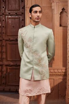 Sage green jacket with dori, zari, zardozi embroidery. Paired with kurta and pant. - Aza Fashions Green Nehru Jacket With Zari Work For Reception, Green Long Sleeve Sherwani For Transitional Season, Designer Green Nehru Jacket For Festive, Designer Green Nehru Jacket For Festive Season, Pista Green Long Sleeve Bandhgala With Intricate Embroidery, Traditional Green Nehru Jacket For Reception, Traditional Green Bandhgala With Stand Collar, Designer Fitted Green Outerwear, Festive Green Nehru Jacket For Reception