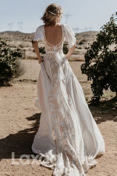 13510 - V Neckline Backless Lace Chiffon Bohemian Wedding Dress – Laxag Crepe Wedding Dress, Elopement Dress, Bohemian Wedding Dress, Lace Dress With Sleeves, Lace Chiffon, Bohemian Wedding Dresses, Bride Gowns, Wedding Dress Styles, V Neckline