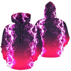 "This Lightweight High Energy Electrified Lightning Hoodie is great If you need something bright and bold to stand out or if you love lightning and storm chasing. With it's energized vibe you're sure to stand out, get noticed and get tons of compliments. Featuring a high quality print on a premium lightweight stretch fabric (this special soft and comfy fabric is what allows us to print the best designs possible) it adds an extra layer on cold nights but light enough to wear all year round. *Our Pink Hip Hop Hoodie For Winter, Pink Long Sleeve Hip Hop Hoodie, Pink Long Sleeve Hoodie In Hip Hop Style, Stretch Pink Sweatshirt For Streetwear, Pink Stretch Sweatshirt For Streetwear, Pink Hooded Hip Hop Top, Stretch Pink Hoodie, Casual Stretch Purple Hoodie, Casual Purple Stretch Hoodie