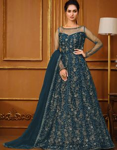 Blue Pant style Suit Semi-Stitched Suits Salwar Kameez in Cording Embroidery & Lace Work:Arabic Attire #alinesuits #longsalwarkameez #fashionablesuitsforladies #onlineladiessuits #ladiessuitsdesign #kameezclothing #asiansuitwomen #womensasiansuits #wheretobuysuitforwomen #simplesalwarsuit #latestindiansuitdesigns #salwarkameezstitched #stitchedsalwarkameez #salwarkameezpants #pantsalwardesign #pureblacksuit #newsuitstyles #embroideredsuitsdesigns Anarkali Lehenga Gowns, Long Choli Lehenga, Long Anarkali Gown, Satin Lehenga, Celana Fashion, Salwar Suits Party Wear, Anarkali Lehenga, Long Anarkali, Gown Suit