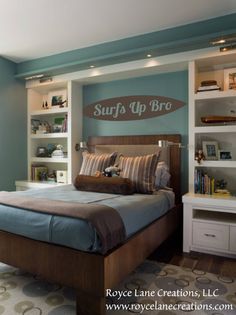 a bed room with a neatly made bed and shelves