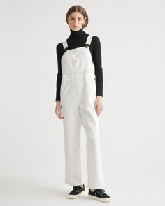 The ultimate in functionality, but make it fashion. Front, back and chest pockets combined with an easy, relaxed fit make this throw-it-on-and-go piece very utilitarian. Made from premium organic cotton with just the right amount of stretch, these overalls are sure to become a staple in your outfit rotation. Keep it casual with a classic tee or layer on the style with a sleeveless blouse and loads of jewelry. Womens Overalls, Utility Cotton Medium Wash Overalls, Sleeveless White Cotton Overalls, Non-stretch Cotton Overalls, White Courderoy Overalls, White Overalls Outfit, Non-stretch Cotton Overall Jeans, Cute Overalls, Silk Skirt