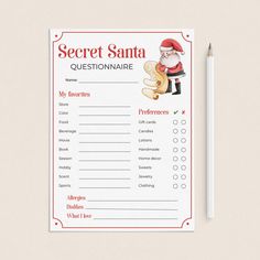 the secret santa questionnaire is next to a pencil