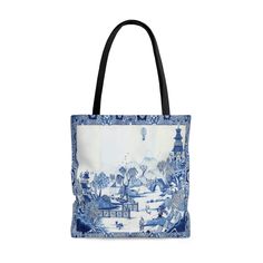 "Beautiful Asian style canvas tote bag, 3 sizes. .: 100% Polyester .: Boxed corners .: Black inner stitching, transparent thread on hems. .: Black cotton handles .: With non-woven laminate inside .: Size tolerance 0.75\" (1.9 cm)) .: Assembled and printed in the USA" Artistic Blue Tote Shoulder Bag, Artistic Blue Gift Bag, Blue Tote Bag, Blue Porcelain, Chinese Blue, Blue Tote, Dental Assistant, Reusable Shopping Bags, Asian Style