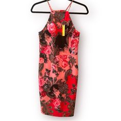 The Alexia Admit Scuba Sheath Dress Bodycon Floral Pink Small Roses Paisley Is A Stunning Addition To Any Women's Wardrobe. Made Of 95% Polyester And 5% Spandex Making It Perfect For Travel While Pretty Floral Rose And Paisley Pattern Makes It Perfect For Party/Cocktail Occasion. The Dress Has A Zip Closure Approximate Measurements Lay Flat: Armpit To Armpit 15.5 Inch Length Of Top Part Armpit To The Waist And About 6.5 Inch Skirt Length From The Waist Down 21 Inch Waist Wise Side To Side 13 3/4 Floral Print Stretch Bodycon Party Dress, Stretch Floral Print Bodycon Party Dress, Party Floral Print Stretch Bodycon Dress, Stretch Floral Print Bodycon Dress For Party, Pink Floral Print Bodycon Dress For Parties, Pink Floral Print Bodycon Dress For Night Out, Fitted Red Floral Print Bodycon Dress, Floral Print Sheath Mini Dress Bodycon, Fitted Mini Dress With Rose Print For Party