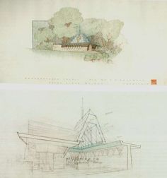 two drawings of different types of architecture