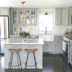 two stools are in front of the kitchen island