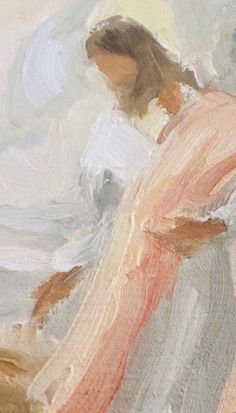 an abstract painting of a woman in pink and white dress with her hands on her chest