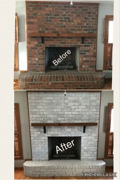 before and after pictures of a brick fireplace