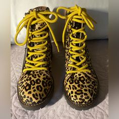 Hiking Leather Animal Print Shoes, Brand New. Yellow Lace-up Platform Boots, Yellow Leather Ankle-high Boots, Yellow Platform Ankle-high Boots, Casual Yellow Boots With Reinforced Toe, Yellow Outdoor Boots With Rubber Sole, Outdoor Yellow Boots With Rubber Sole, Yellow Leather Boots With Lug Sole, Yellow Platform Lace-up Boots, Casual Yellow Boots With Vibram Sole