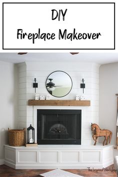 a fireplace with the words diy fireplace makeover over it and an image of a horse statue