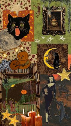 a collage of halloween images with candles in front of them and an image of a cat