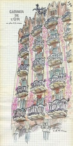 a drawing of an apartment building with balconies