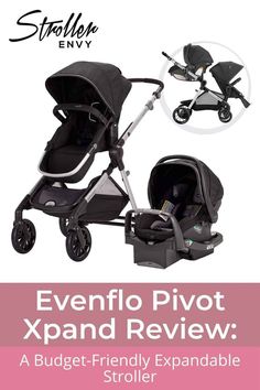 an infant stroller with the text event pivot expand review