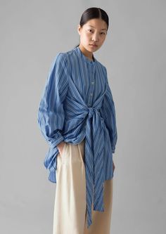 Stripe Poplin Wrap Front Shirt | Sodalite Blue | TOAST Easy Shape, Summer Lookbook, Loungewear Women, Women Nightwear, Fashion Story, Womens Loungewear, Poplin Shirt, Dress Trousers, Cotton Poplin