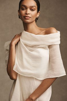 The lightweight Rue Pashmina Wrap is a perfect complement to your evening look. Semi-sheer and finished with a raw edge, it has a soft bohemian feel we love. Shawl Over Dress Wedding Guest, Bridal Shawls And Wraps, Wedding Shawls And Wraps, Italy Wardrobe, Linen Shawl, Evening Look, Edge Scarf, Pashmina Wrap, Bridal Shawl