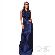 Lovely Dark Blue Color With Some Metallic Accents, Super Elegant, Comes With A Scarf That You Can Either Wear It Or Just Use The Dress Alone. Fits Size 2 Luxury Blue Gown For Prom Season, Glamorous Blue Evening Dress For Wedding, Luxury Blue Party Gown, Luxury Blue Evening Dress For Wedding, Luxury Blue Maxi Gown, Luxury Blue Gown For Gala, Elegant Bridesmaid Gown For Gala, Glamorous Blue Wedding Gown, Luxury Blue Evening Gown