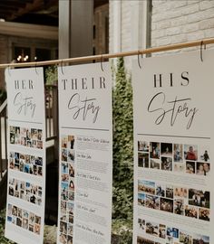 two signs hanging from a clothes line in front of a building with photos on them