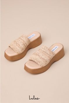 It's easy to create iconic, Boho-inspired 'fits on the daily when you've got the Steve Madden Slinky30 Raffia Platform Slide Sandals! A stretchy, extra-wide woven raffia toe strap tops a chunky platform sole with a rounded toe bed. Chic, slide-on design makes for easy, everyday styling! Available in whole sizes only. 2. 25" platform heel. Cushioned insole. Felted rubber sole has nonskid markings. Man made materials. Imported. Lulus | Slinky30 Raffia Platform Slide Sandal Heels. Steve Madden Slinky, Platform Slide Sandals, Lulu Fashion, Flatform Sandals, Size 11 Heels, Sandal Heels, Woven Raffia, Girly Shoes, Platform Slides