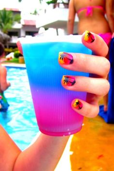 Astro Pop. 1 oz Vodka & 1 oz Sour mix. Shake with ice & strain into cup. 1/2 oz Grenadine slowly poured down side. Then 1/2 oz Blue Curaçao slowly down side. They will layer.. Do It Yourself Nails, Astro Pop, Palm Tree Nails, Tropical Nails, Tree Nails, Kool Aid, Slushies, Adult Drinks, Sunset Beach