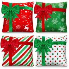 four presents wrapped in green and red paper with bows, ribbons and snowflakes