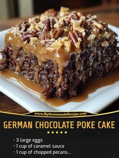 german chocolate poke cake with caramel sauce and pecans on top, sitting on a white plate