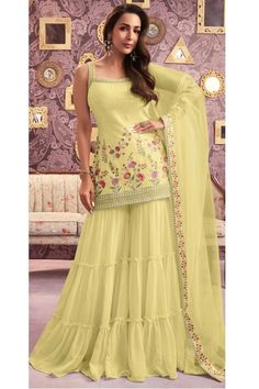 Malaika Arora Pastel Yellow Embroidered Faux Georgette Sarara Kameez Designer Sharara Suits, Lehenga Suit