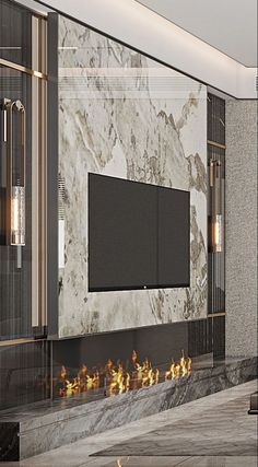 an elegant living room with marble walls and fireplace in the center, along with modern lighting