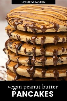 vegan peanut butter pancakes stacked on top of each other