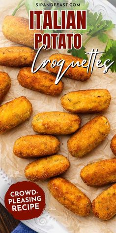 an image of italian potato croquettes on a white plate with text overlay