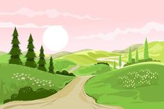 an illustration of a country road going through the countryside with trees and hills in the background