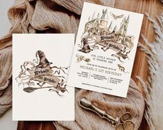 two harry potter themed birthday cards with hogwart's hat and scroll on them