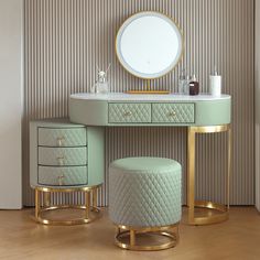 a dressing table with two stools and a round mirror on the wall behind it