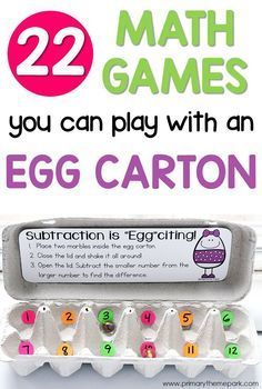 an egg carton filled with eggs and numbers on top of the carton is labeled 22 math games you can play with an egg carton