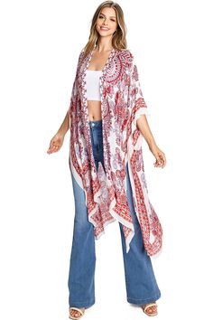 Boho kimono with geometric mandala inspired prints an ultra light scarf feel and a draping open-front. Light and billowy silhouette, perfect for effortless layering. CARE | Hand Wash Cold CONTENTS | 100% Viscose MEASUREMENTS | 38"/97 cm Top to Bottom (Size O/S) MODEL | 5'8 - wearing O/S IMPORTED Red Bohemian Shawl With Floral Print, Bohemian Floral Print Shawl For Summer, Spring Vacation Bohemian Shawl, Bohemian Kimono With Abstract Print For Vacation, Bohemian Red Pashmina Shawl, Red Bohemian One-size Kimono, Red Bohemian Flowy Kimono, Flowy Boho Print Patterned Kimono, Bohemian Summer Vacation Shawl