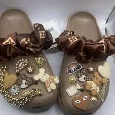 . Pre-Designed Classic Crocs. • Mushroom Bone OR... - Depop Brown Crocs With Charms, Crocs Decorations, Croc Business, Room Motivation, Designer Crocs, Brown Crocs, Crocs Collection