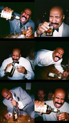 a man in a tuxedo drinking from a bottle and pouring it into his mouth