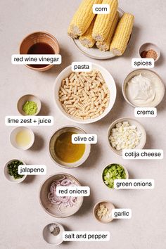 the ingredients to make corn on the cob are shown in bowls and labeled with their names