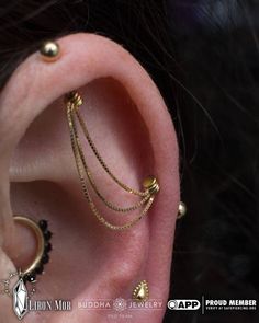 an ear with three different types of piercings attached to the side of its ear