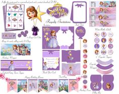 the princess and the frog party supplies are shown in purples, lavenders, and white