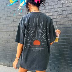 Embrace the eternal allure of sunsets with our 'Forever Chasing Sunsets' vintage Comfort Colors® beach T-Shirt, featuring a captivating sunburst design on the back--a timeless blend of style and comfort. * K E E P * S H O P P I N G *   ✺ Check out this design on a Hoodie here:  https://www.etsy.com/listing/1663981189/sunset-hoodie-beach-hoodie-beach-hoodies? ✺ Shop our entire Quite Nice Studios collection here: https://www.etsy.com/shop/QuiteNiceStudio * Q U I C K * F A C T S * ✺ 100% preshrunk Stay Salty, Beach T Shirts, Cow Girl, Surfer Girl, Ocean Inspiration, Comfort Colors, Color Design, Bathing Beauties, Tops & Tees