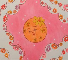 a drawing of a child's face on a pink background with flowers and stars