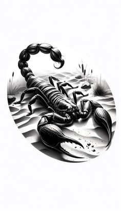 a black and white drawing of a scorpion in the sand with its tail curled up