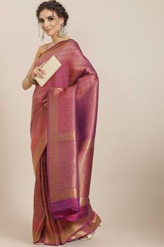 BUY KANJEEVARAM SILK WOVEN SAREE IN WINE South Indian Saree, Zari Work Saree, One Minute Saree, Latest Indian Saree, Indian Designer Sarees, South Indian Sarees, Dark Violet, Readymade Saree, Indian Sarees Online