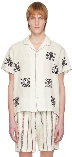 HARAGO: Off-White Rabari Shirt | SSENSE Zig Zag Chain Embroidery Designs, Embroidery Patterns Shirt, White Embroidered Shirt With Camp Collar, Traditional Embroidered Linen Shirt, Traditional Linen Shirt For Spring, Embroidered Linen Collared Shirt, Embroidered Linen Shirt With Camp Collar, White Embroidered Linen Shirt, Traditional White Linen Shirt